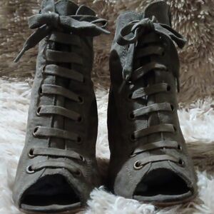 Fioni Brand Gray Lace-Up Side Zip Open Toe High Heel Calf Boots Faux Suede